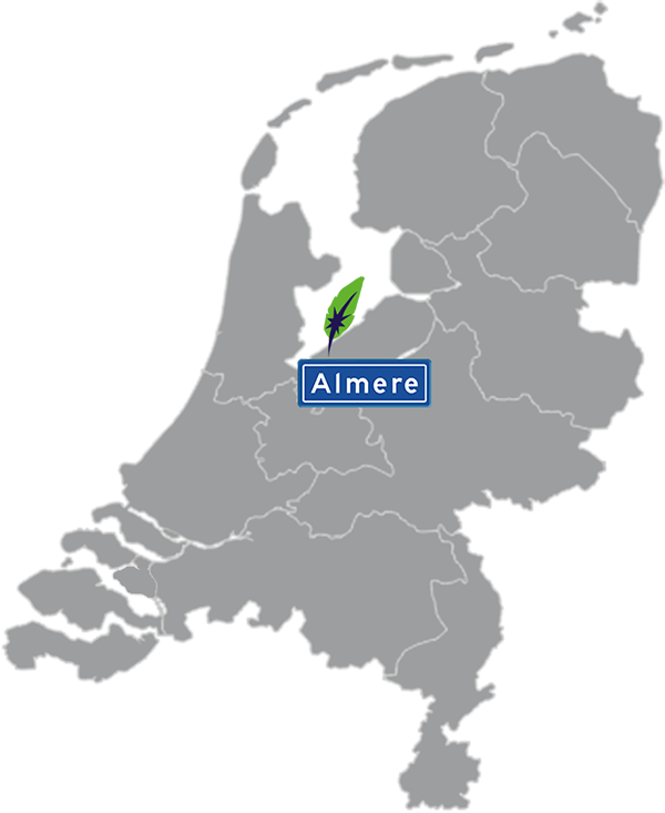 Landkaart Nederland grijs - locatie Dagnall Taleninstituut in Almere - aangegeven met blauw plaatsnaambord met witte letters en Dagnall veer - op transparante achtergrond - 600 * 733 pixels